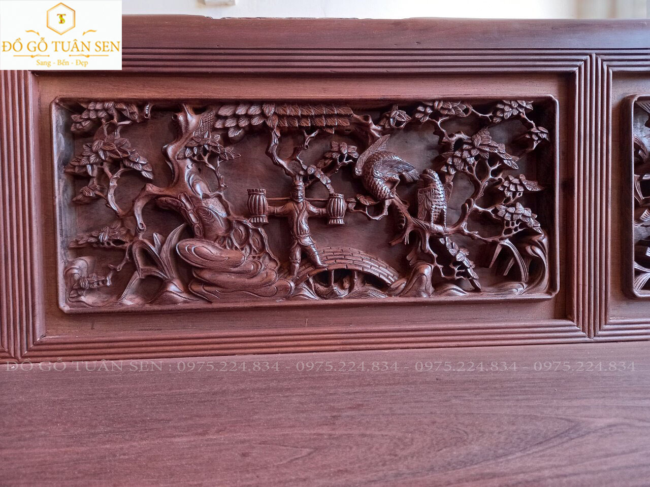 bộ trường kỷ gỗ gụ đục tứ quý được đóng rất dày và chắc chắn, tạo độ bền cao